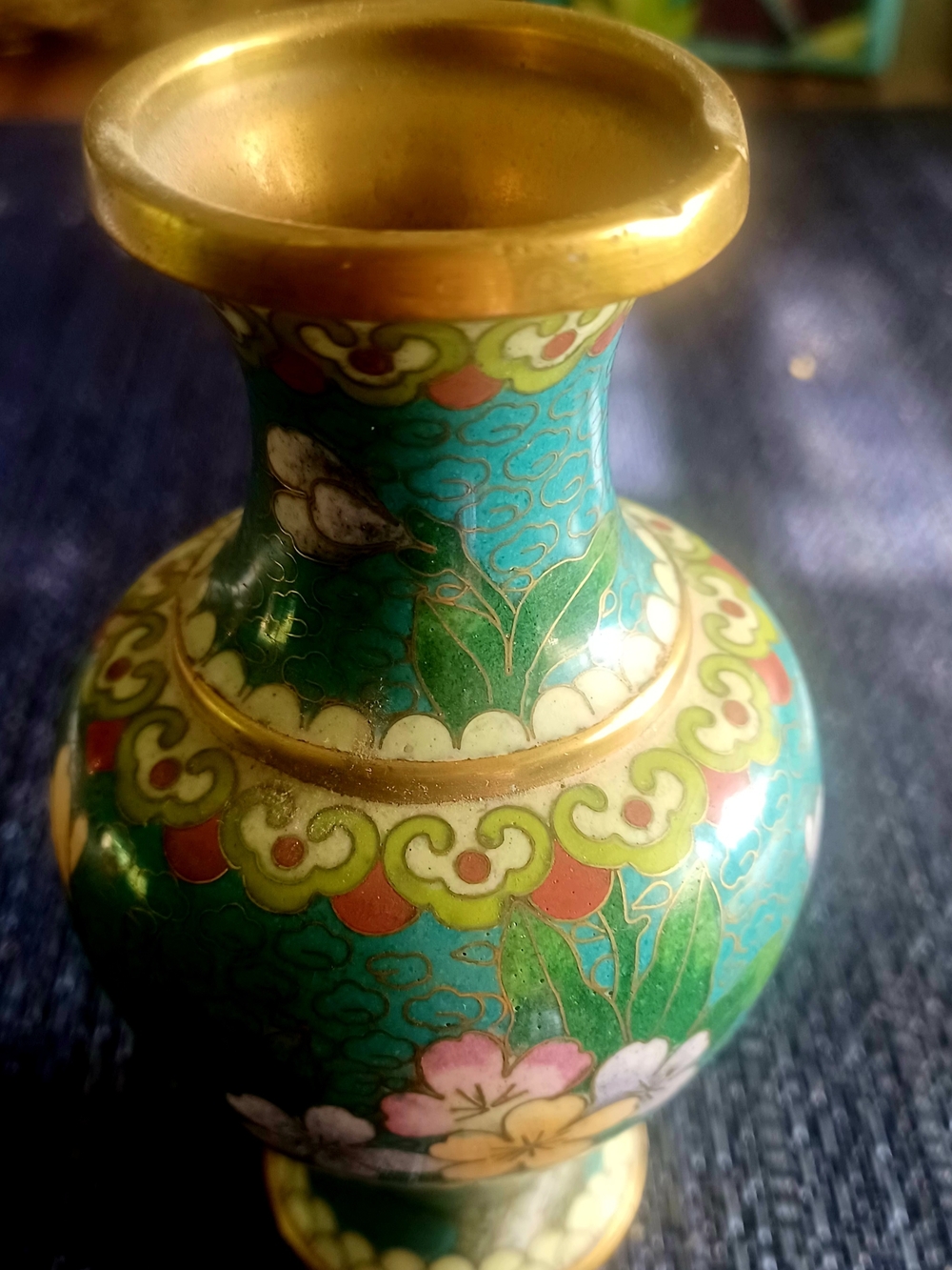 Vintage Cloisonné Floral Accent Vase in Turquoise and Gold